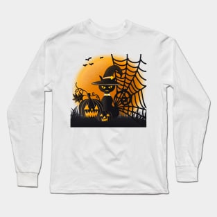 Halloween Cat With Pumpkin & Spooky Spiderweb Long Sleeve T-Shirt